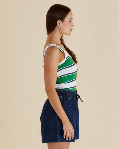 BETTY BASICS EMMA SCOOP TANK - NAVY/GREEN STRIPE