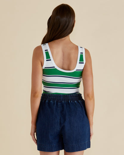 BETTY BASICS EMMA SCOOP TANK - NAVY/GREEN STRIPE