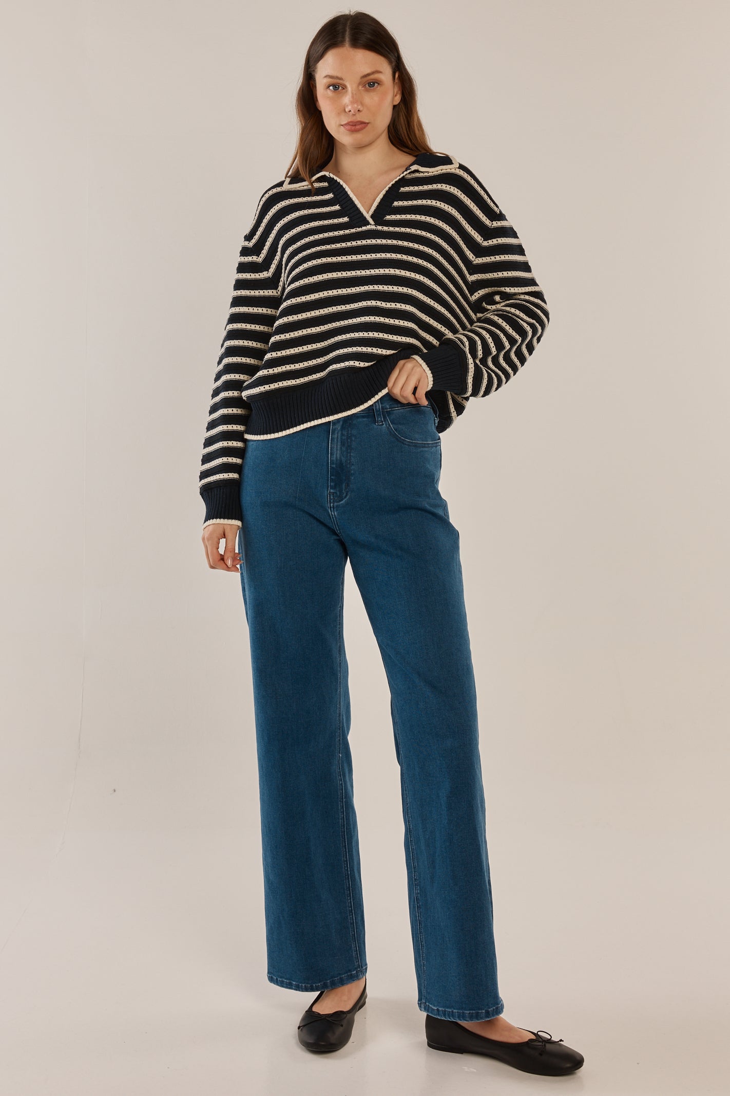 BETTY BASICS ABERDEEN POLO KNIT SWEAT - NAVY STRIPE