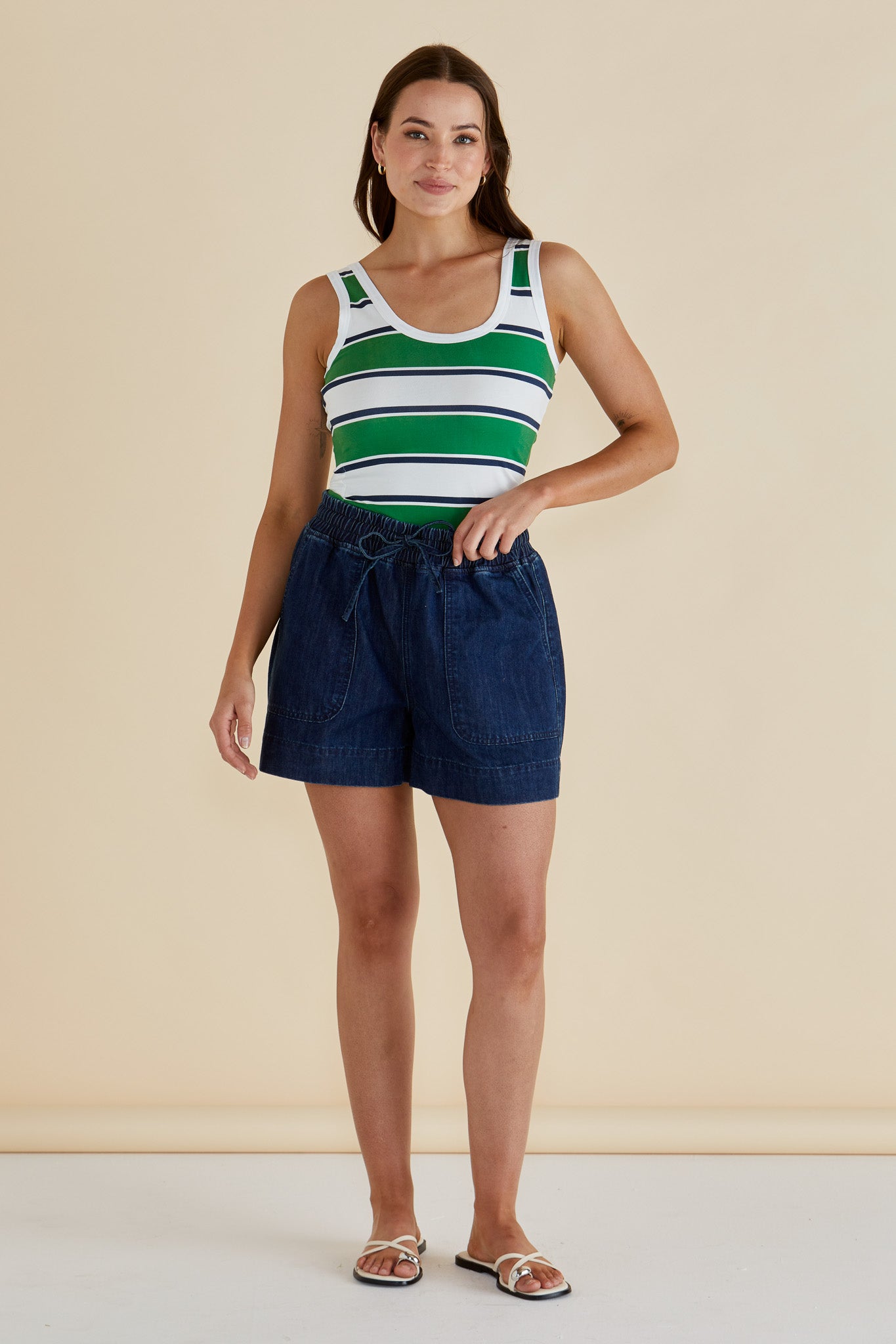 BETTY BASICS EMMA SCOOP TANK - NAVY/GREEN STRIPE