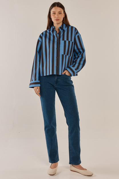 BETTY BASICS ERIN CROP SHIRT - CHOCOLATE/CORNFLOUR