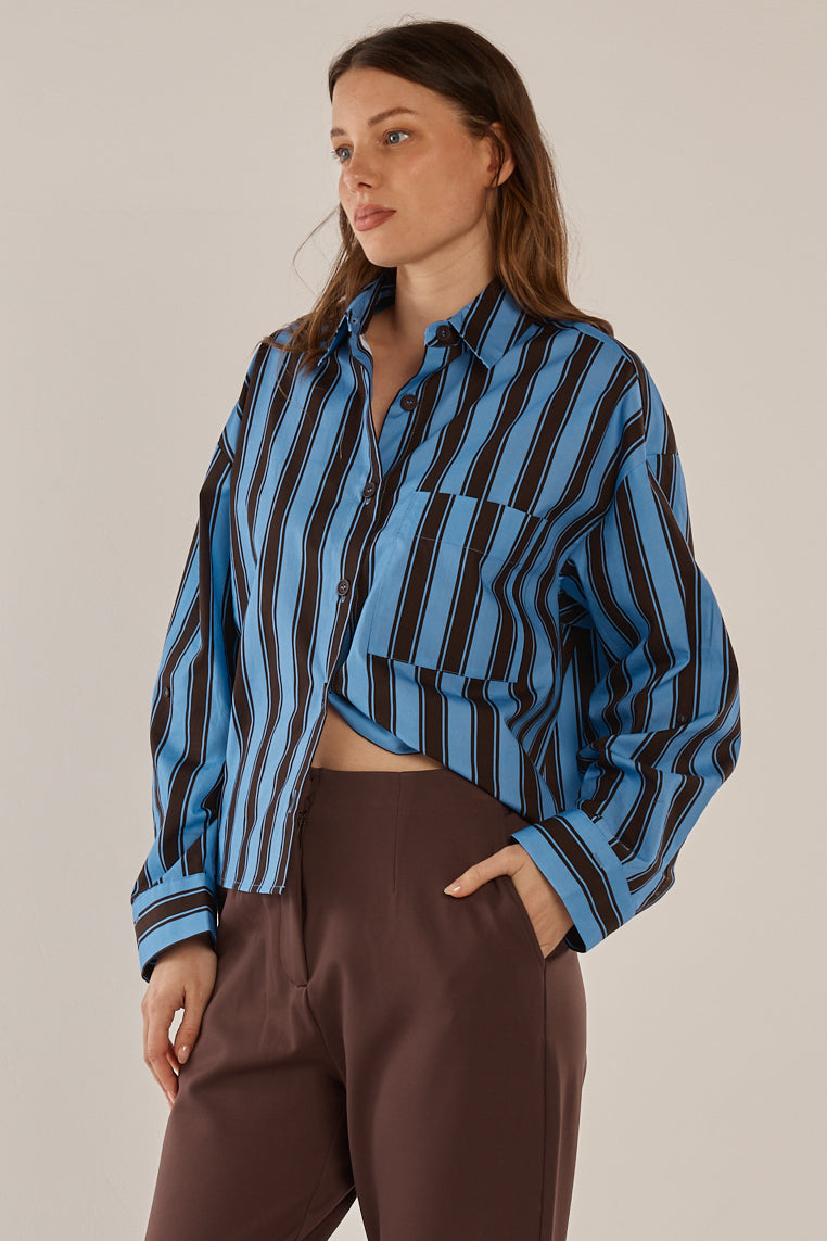 BETTY BASICS ERIN CROP SHIRT - CHOCOLATE/CORNFLOUR