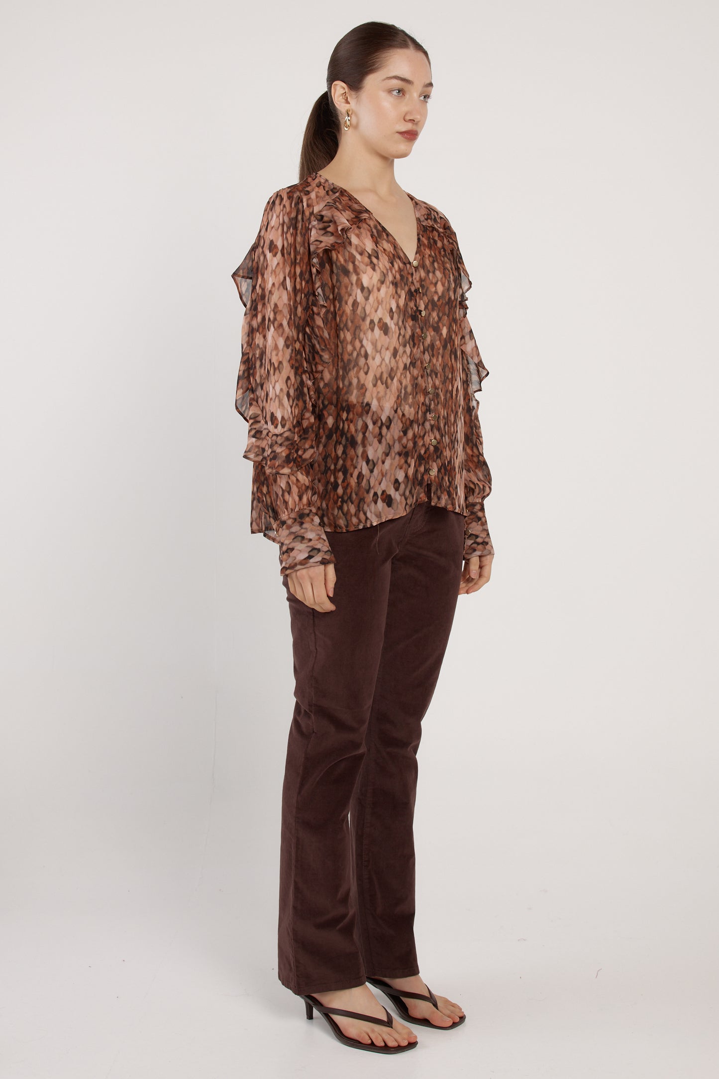 FATE + BECKER ODETTE RUFFLE BLOUSE -SNAKE PRINT BROWN