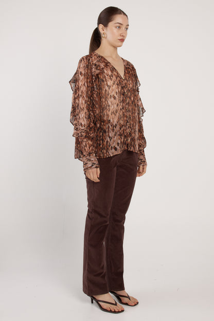 FATE + BECKER ODETTE RUFFLE BLOUSE -SNAKE PRINT BROWN