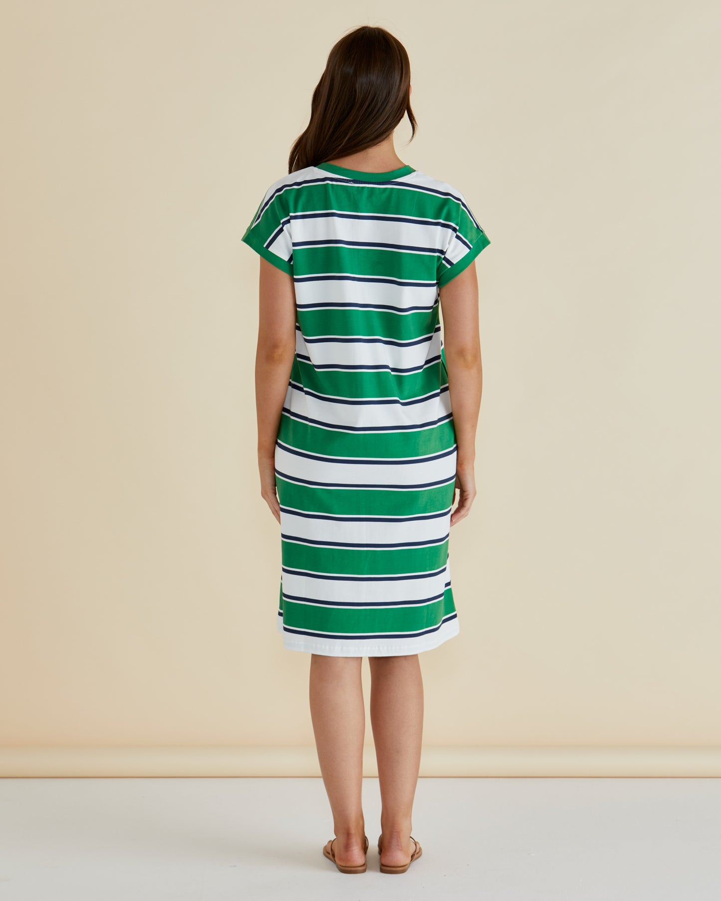 BETTY BASICS ZENA T-SHIRT DRESS - NAVY/GREEN STRIPE