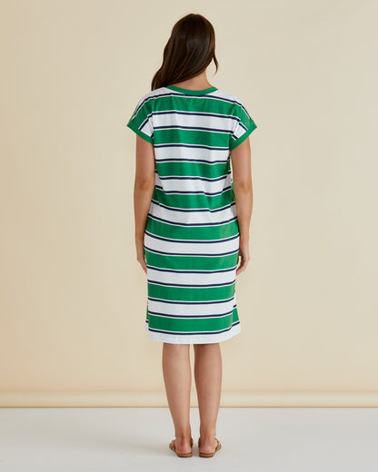 BETTY BASICS ZENA T-SHIRT DRESS - NAVY/GREEN STRIPE