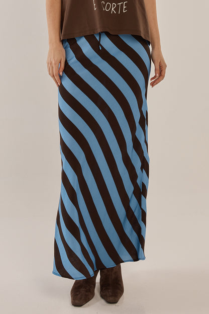 BETTY BASICS BEC BIAS SKIRT - CORNFLOWER/BROWN STRIPE