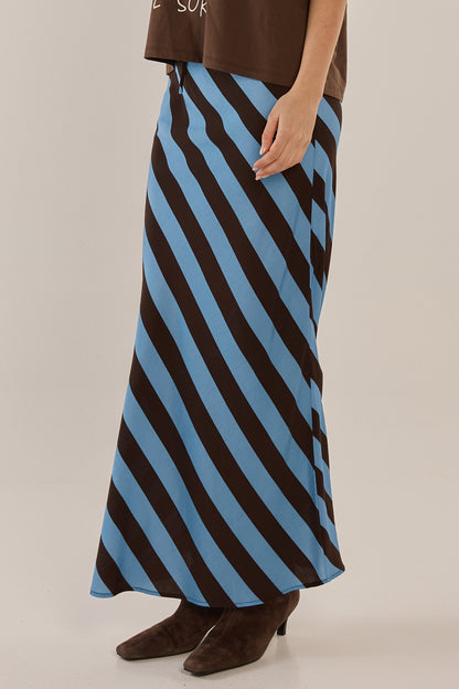 BETTY BASICS BEC BIAS SKIRT - CORNFLOWER/BROWN STRIPE