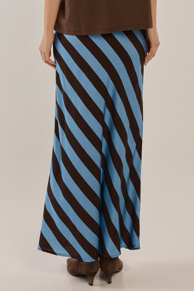 BETTY BASICS BEC BIAS SKIRT - CORNFLOWER/BROWN STRIPE