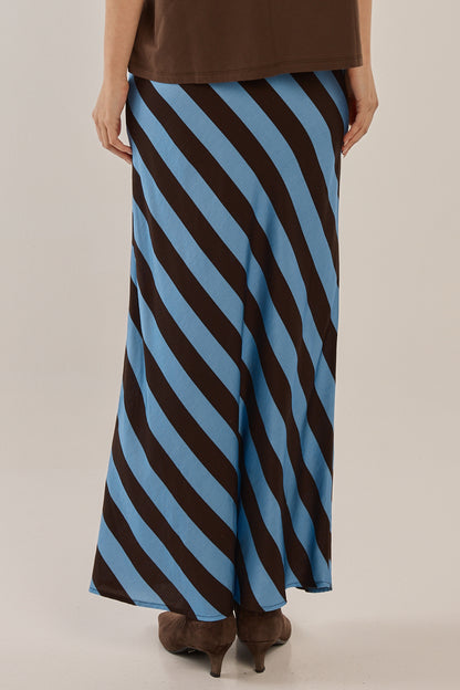 BETTY BASICS BEC BIAS SKIRT - CORNFLOWER/BROWN STRIPE