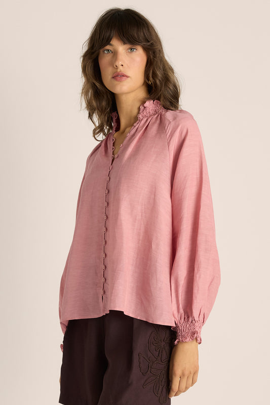 FATE + BECKER LANI SHIRRED BLOUSE - DUSTY ROSE PINK