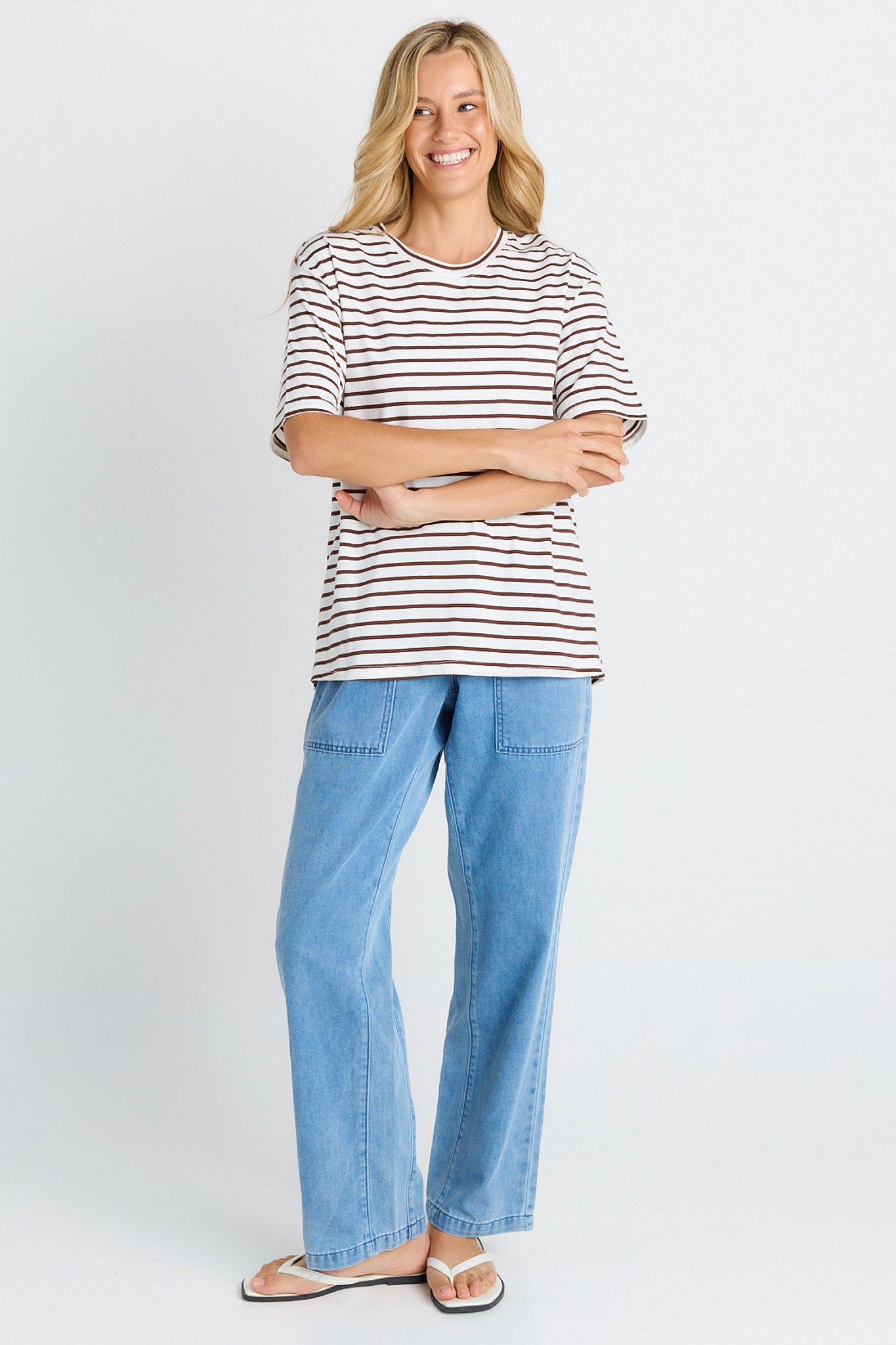 BETTY BASICS RELAX BOXY TEE - CHOC/WHITE STRIPE