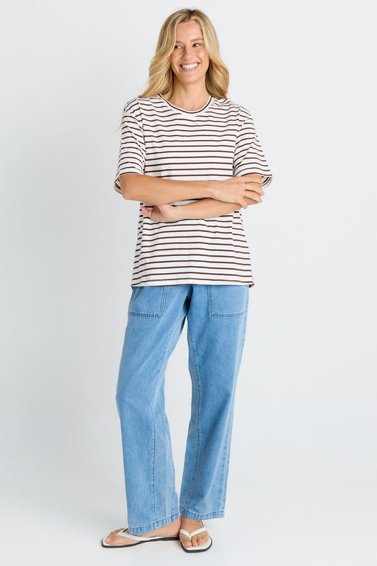 BETTY BASICS RELAX BOXY TEE - CHOC/WHITE STRIPE