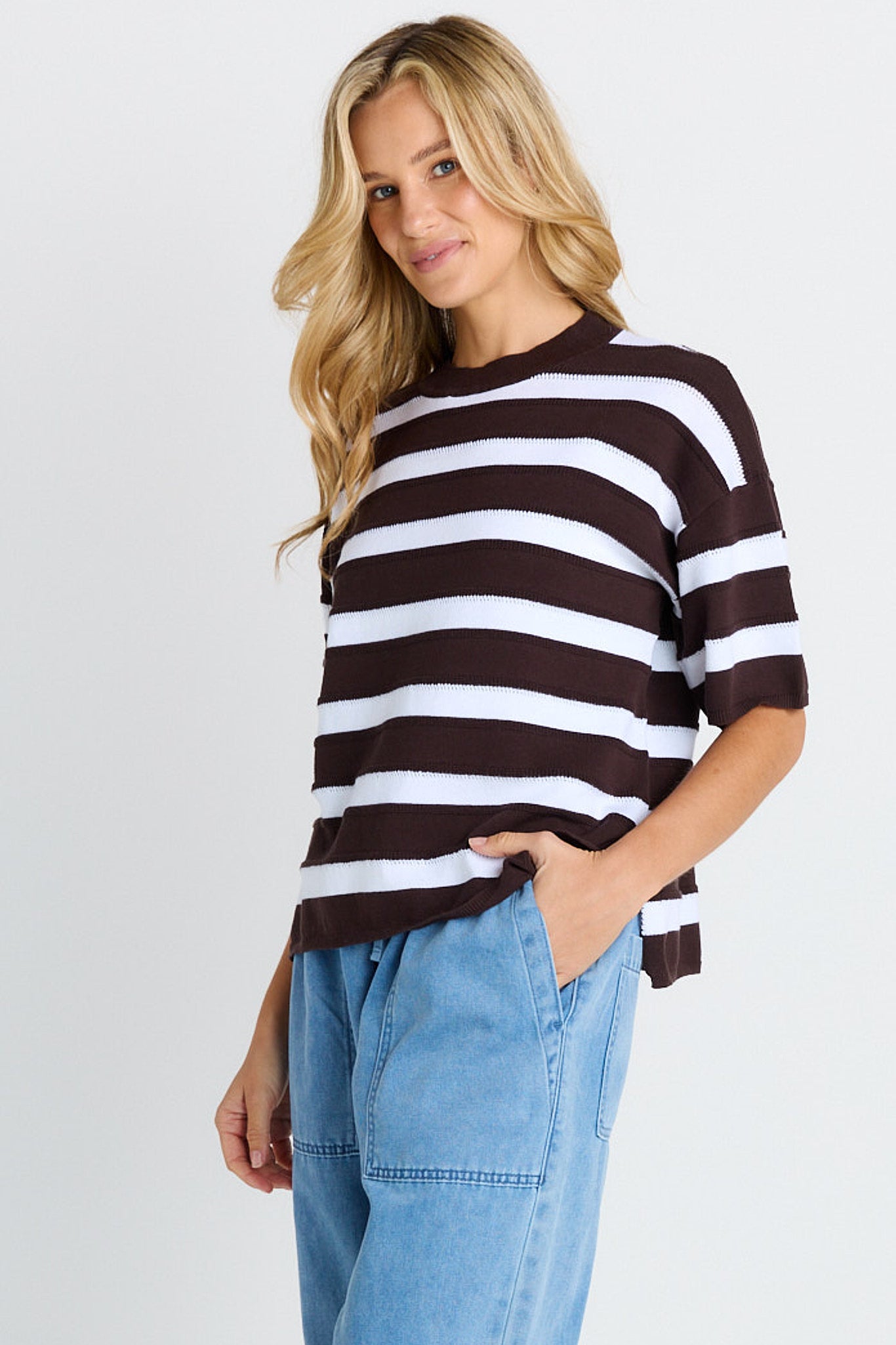 BETTY BASICS LIBBY BOXY TOP - CHOCOLATE STRIPE