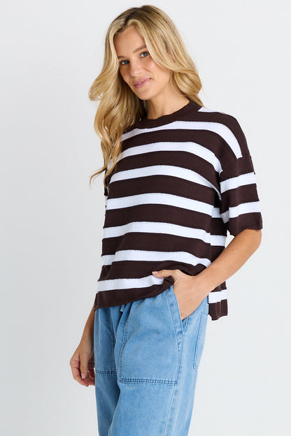 BETTY BASICS LIBBY BOXY TOP - CHOCOLATE STRIPE