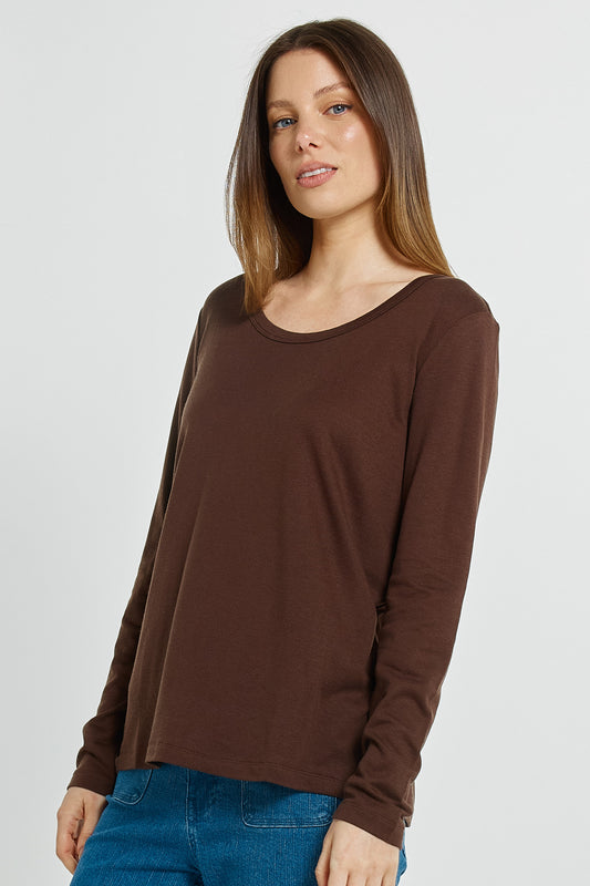 BETTY BASICS WESTIN BLENDED WOOL TEE - CHOCOLATE BROWN
