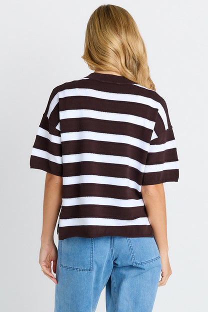 BETTY BASICS LIBBY BOXY TOP - CHOCOLATE STRIPE
