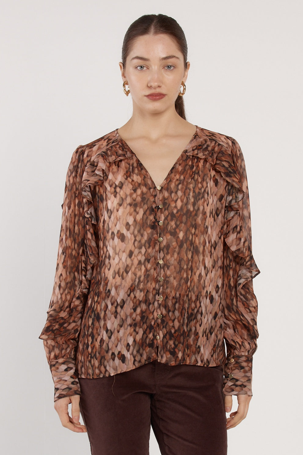 FATE + BECKER ODETTE RUFFLE BLOUSE -SNAKE PRINT BROWN