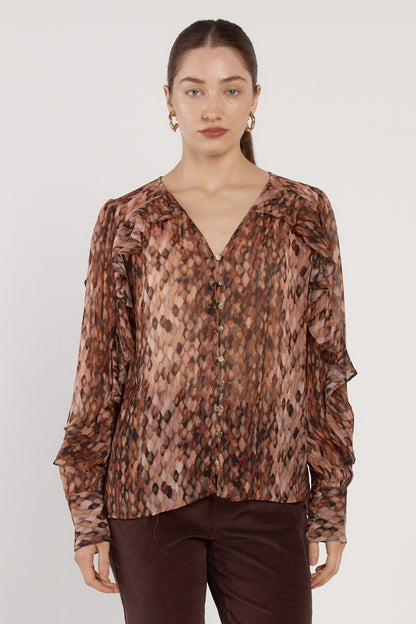 FATE + BECKER ODETTE RUFFLE BLOUSE -SNAKE PRINT BROWN
