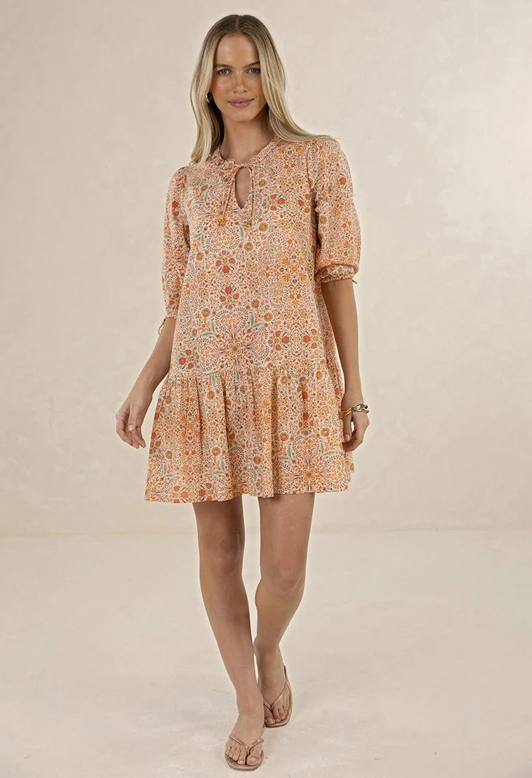 HUMIDITY LIFESTYLE RUMI SMOCK DRESS - ALMOND PRINT
