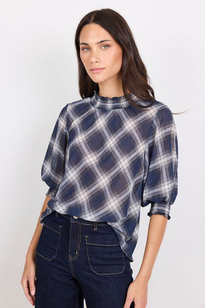 IVY & JACK AFFIRMING SS TOP - NAVY CHECK CHIFFON